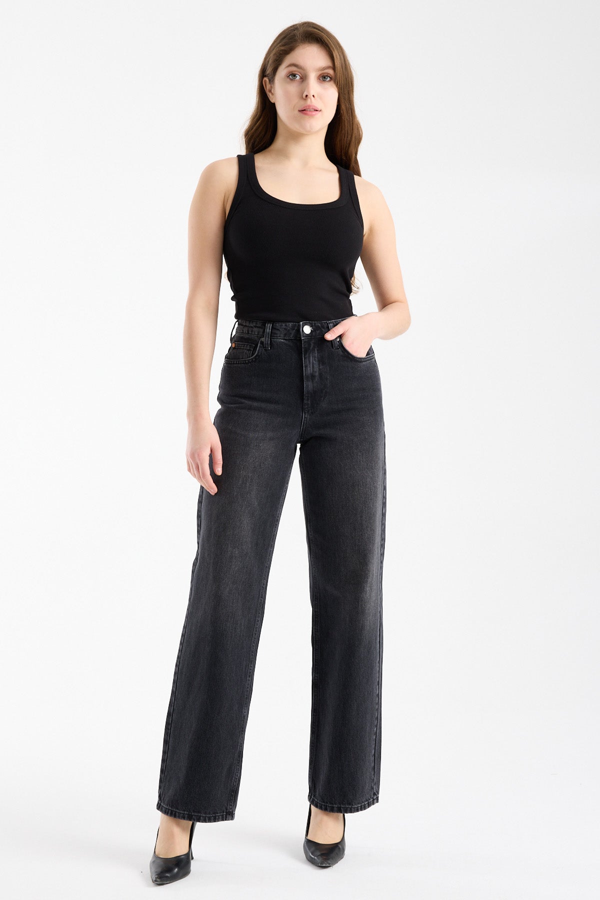 Debra 289 Yüksek Bel Antrasit Comfort Straight Jeans Kadın