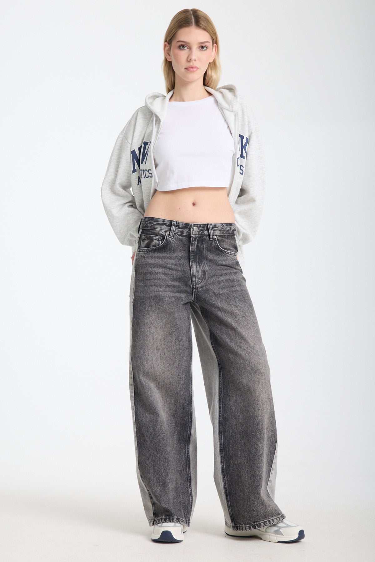 Reneta 197 Normal Bel Çift Renk Siyah Gri Baggy Kadın Jeans