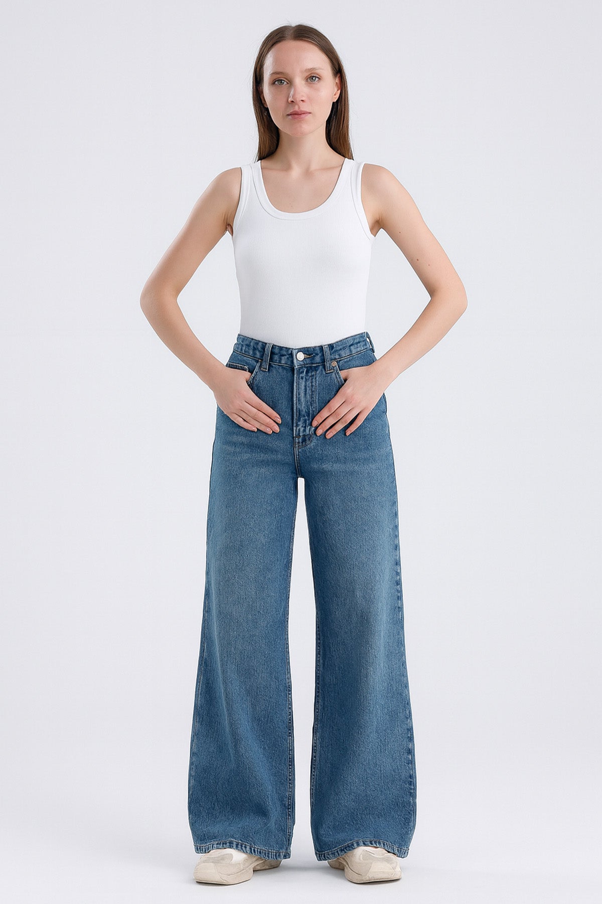 Paris 1003 Normal Bel Açık Mavi Wide Leg Jeans Kadın
