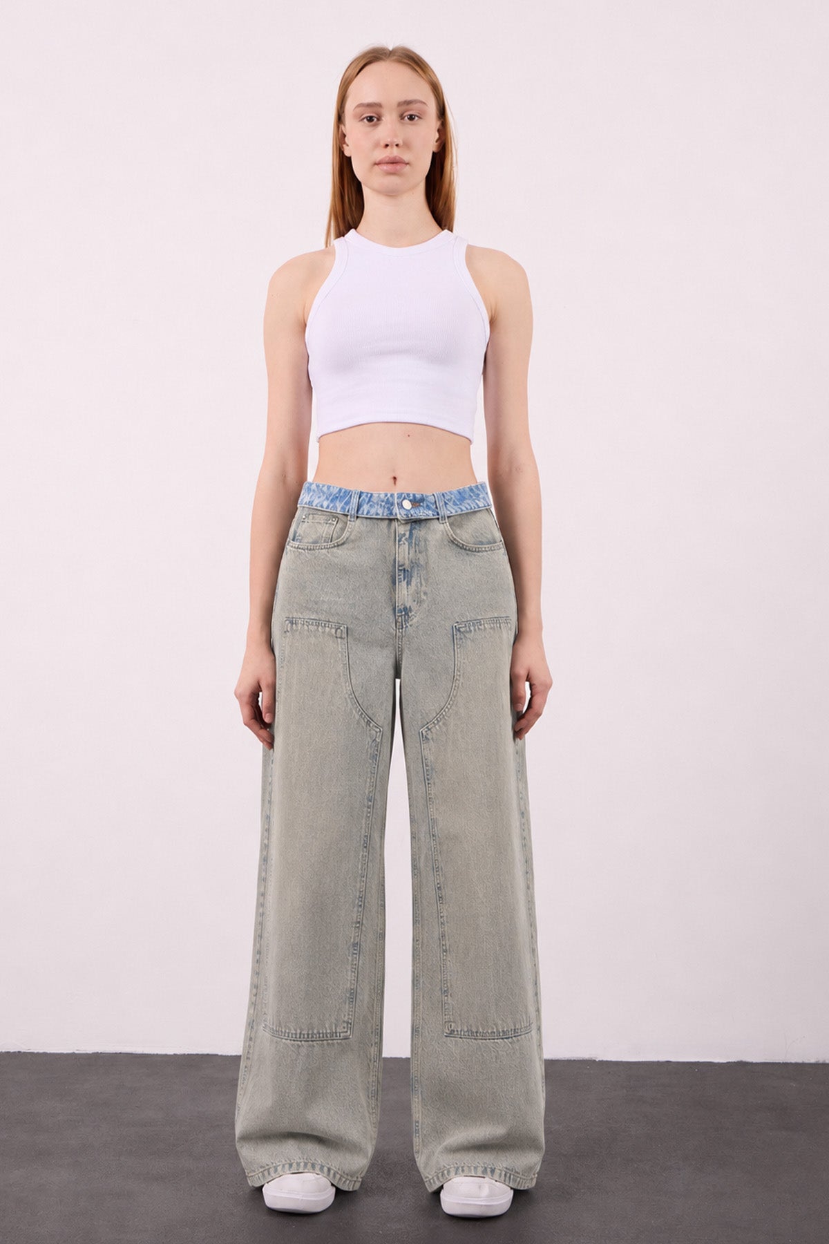 Mina 301 Yüksek Bel Tintli Full Eskitme Mavi Baggy Jeans Kadın