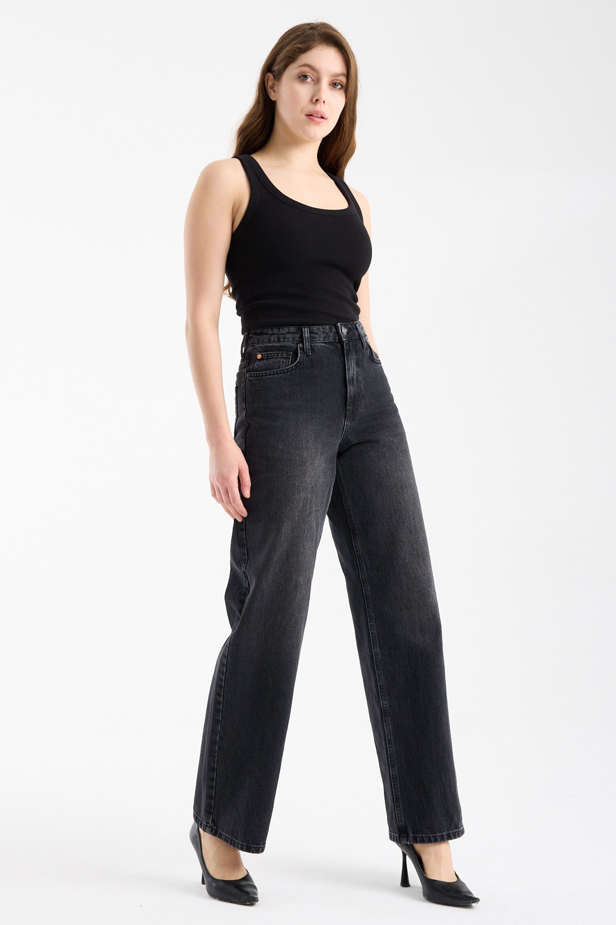 Debra 289 Yüksek Bel Antrasit Comfort Straight Jeans Kadın