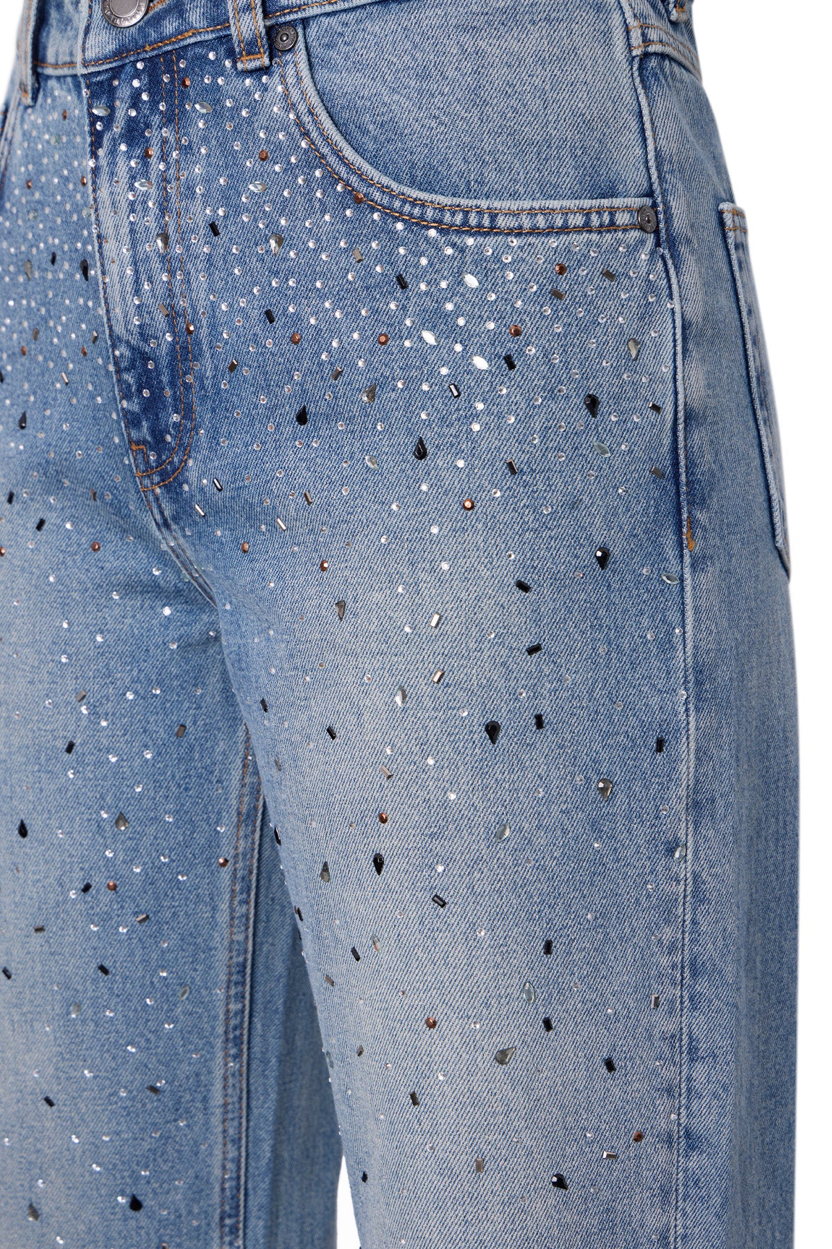 Lopez 1003-1 Normal Bel Taşlı Açık Mavi Comfort Straight Jeans Kadın