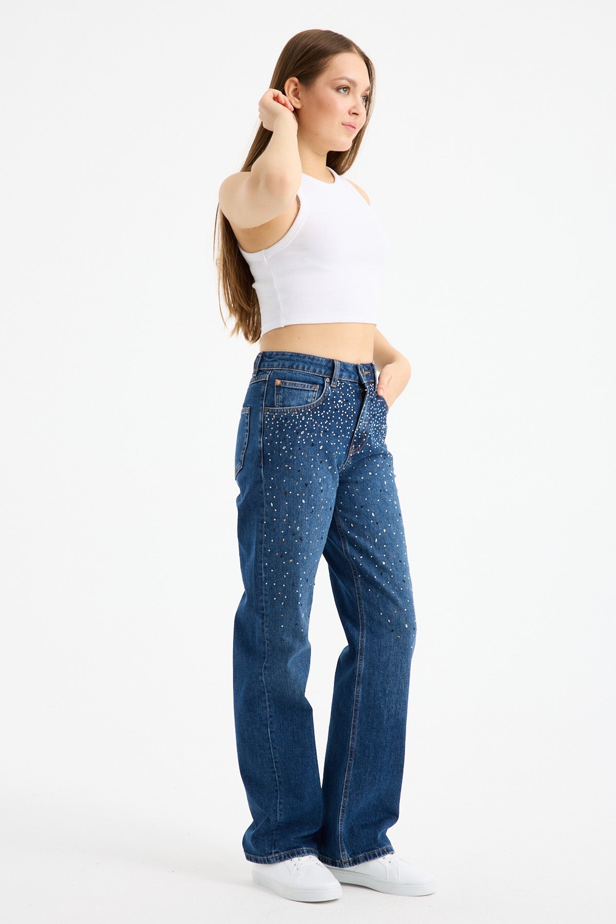 Lopez 249-1 Normal Bel Taşlı Koyu Mavi Comfort Straight Jeans Kadın