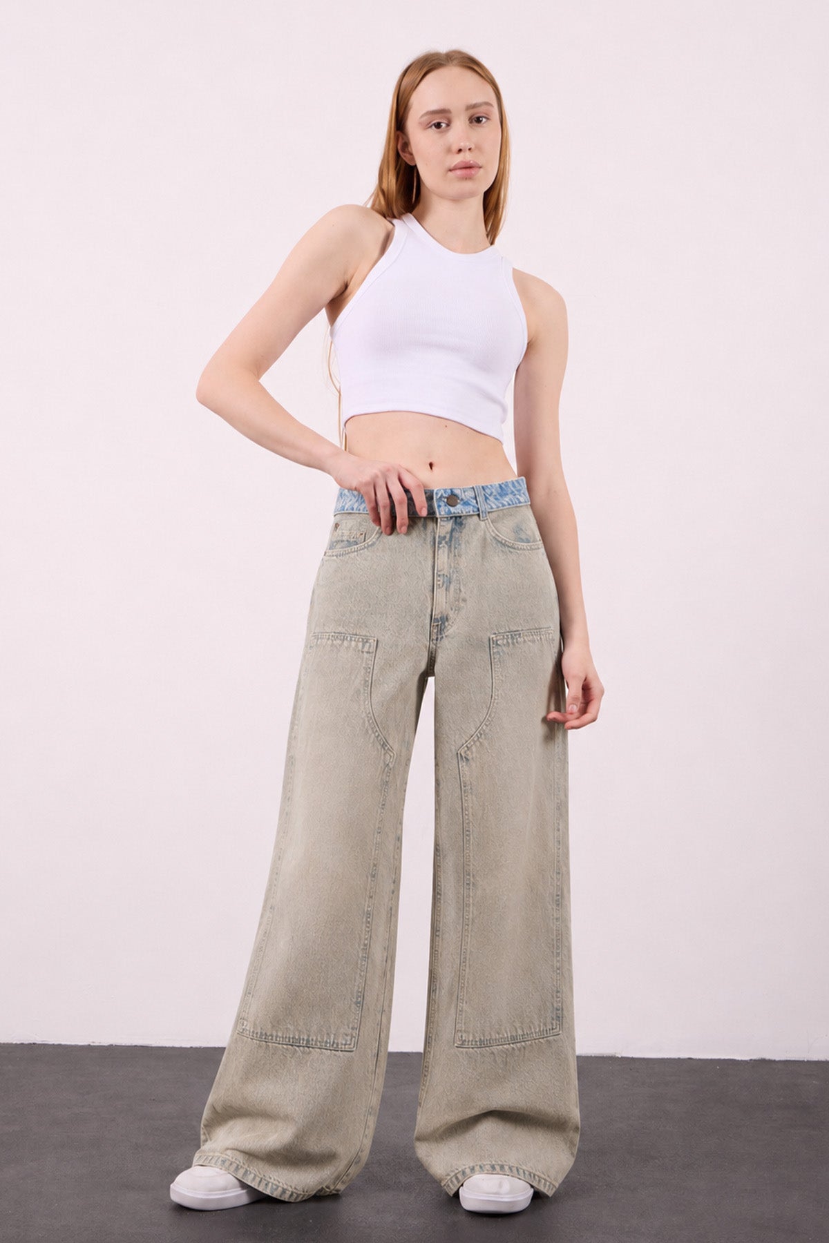 Mina 301 Yüksek Bel Tintli Full Eskitme Mavi Baggy Jeans Kadın