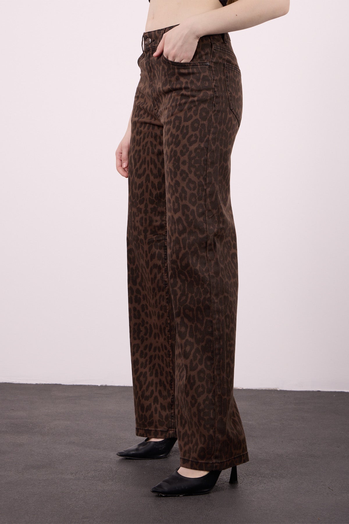 Elena 145 Yüksel Bel Leo Kahve Geniş Paça Pantolon Kadın