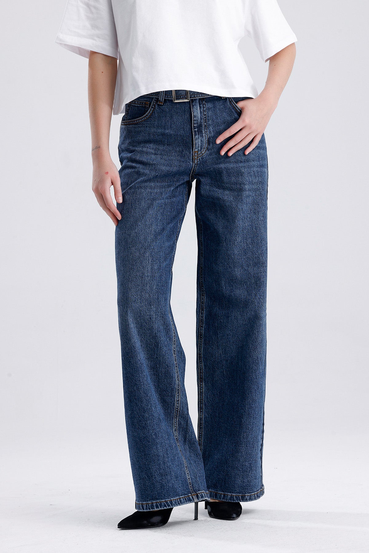 Sophia 308 Normal Kemerli Bel Koyu Mavi Wide Leg Jeans Kadın