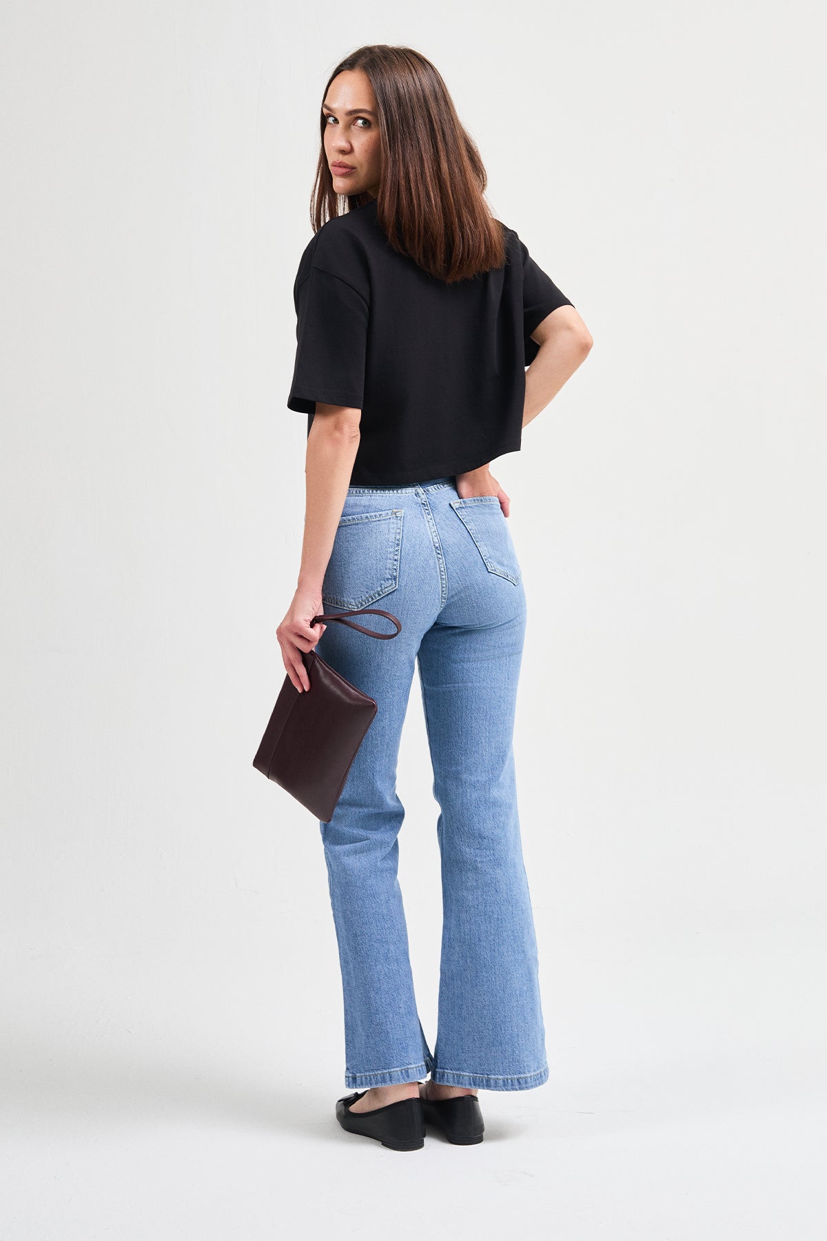 Amanda 82005 Oversize Crop Baskılı Siyah Kadın Basic T-Shirt