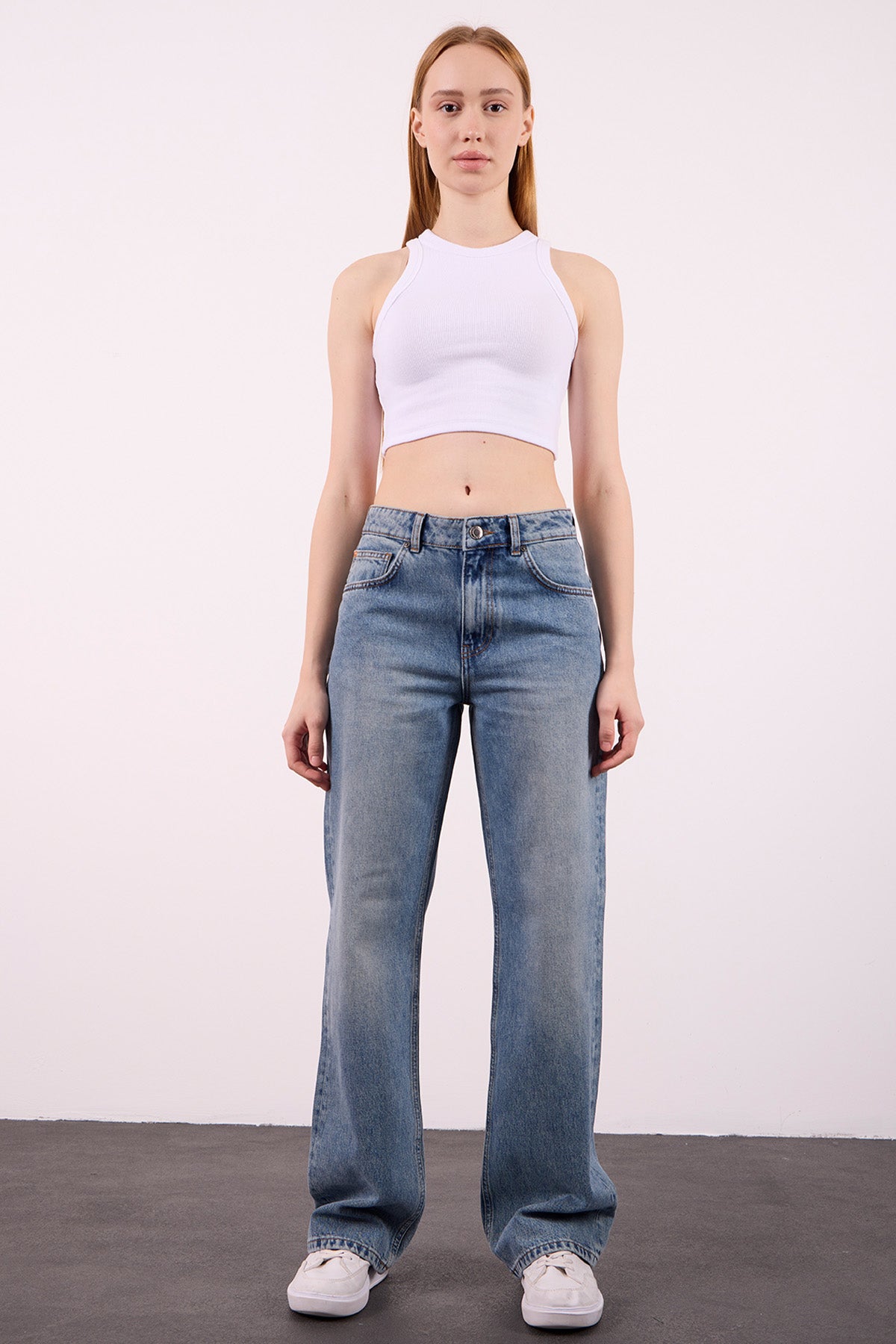 Lopez 1003-1 Normal Bel Taşlı Açık Mavi Comfort Straight Jeans Kadın