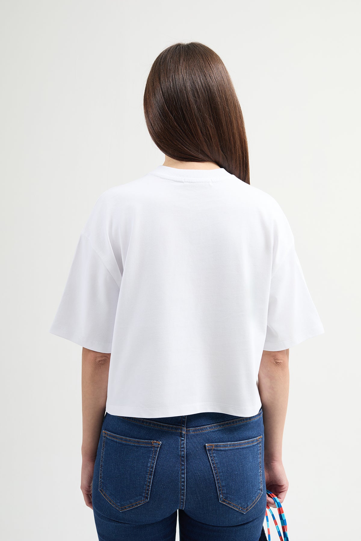 Amanda 82005 Oversize Crop Baskılı Beyaz Kadın Basic T-Shirt