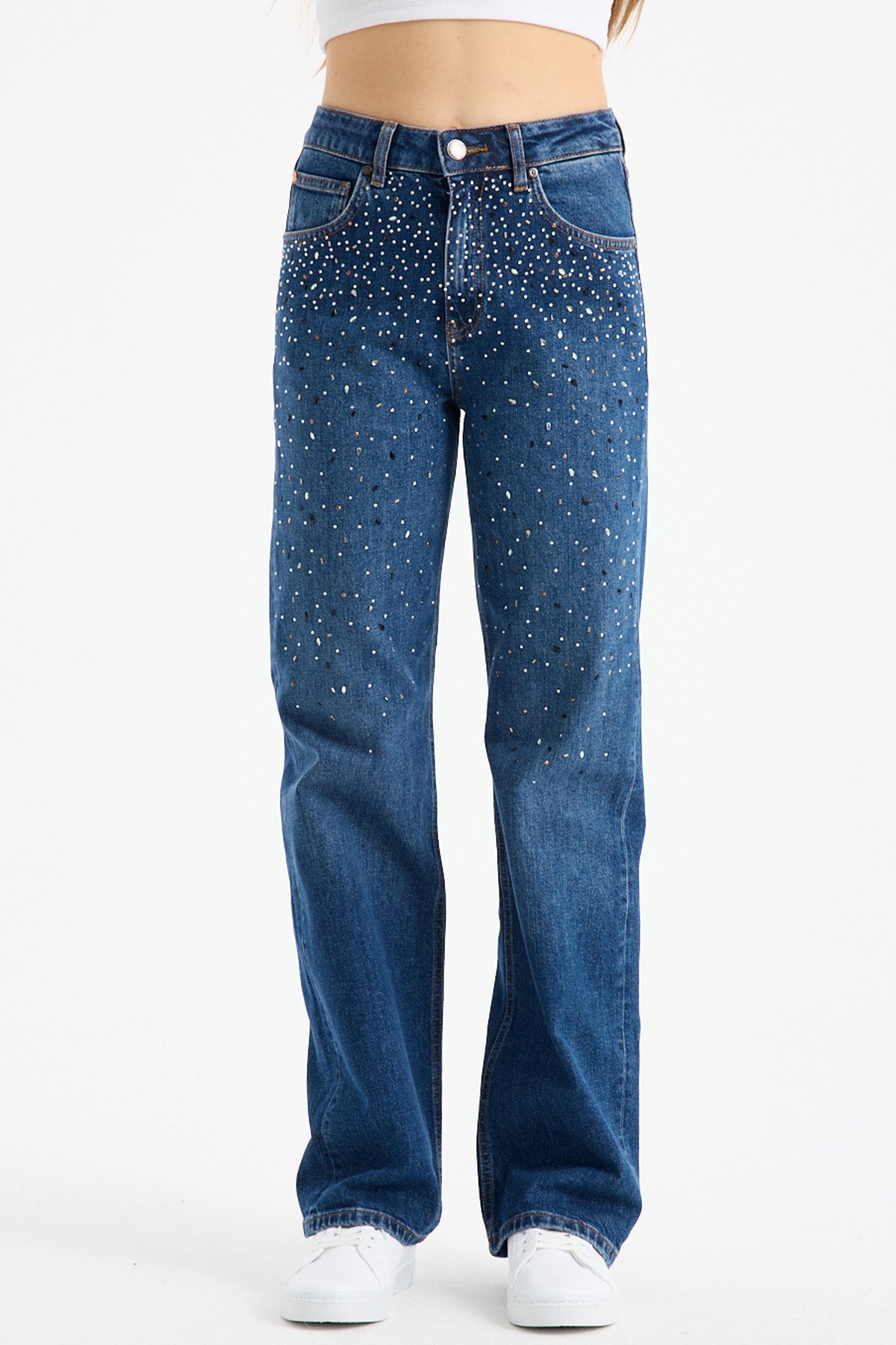 Lopez 249-1 Normal Bel Taşlı Koyu Mavi Comfort Straight Jeans Kadın