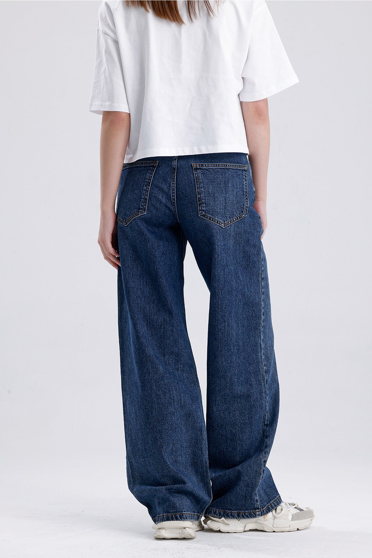 Sophia 308 Normal Kemerli Bel Koyu Mavi Wide Leg Jeans Kadın