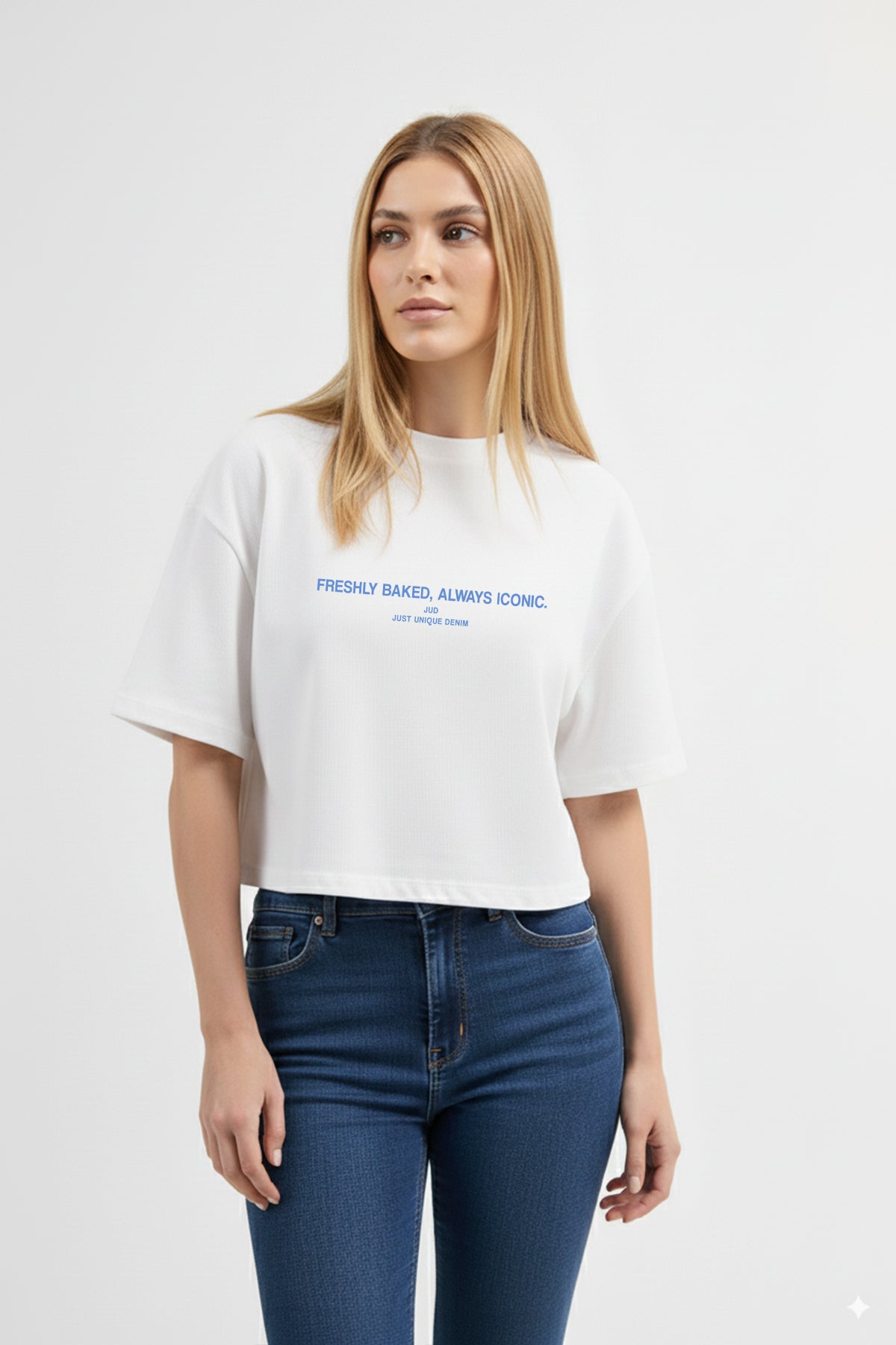 Amanda 82005 Oversize Crop Baskılı Beyaz Kadın Basic T-Shirt