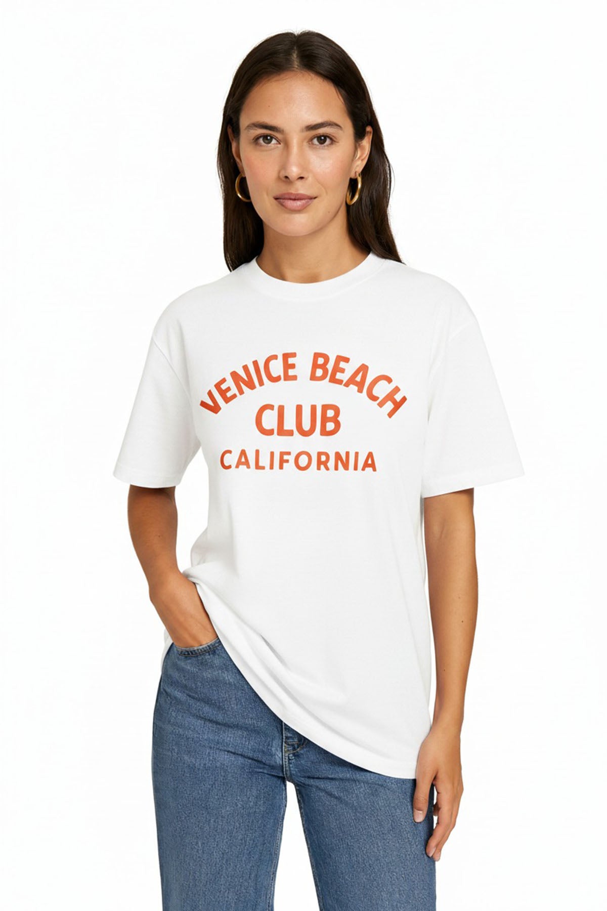 Carla 80003 Oversize Baskılı Beyaz Kadın Basic T-Shirt