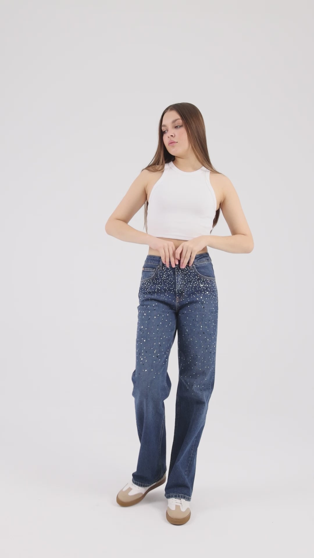 Lopez 249-1 Normal Bel Taşlı Koyu Mavi Comfort Straight Jeans Kadın